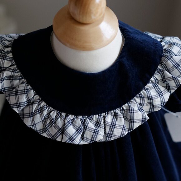 Navy Cotton Corduroy Float Dress Windowpane Plaid Trim Pinwale Bailey Boys NWT - Picture 2 of 4